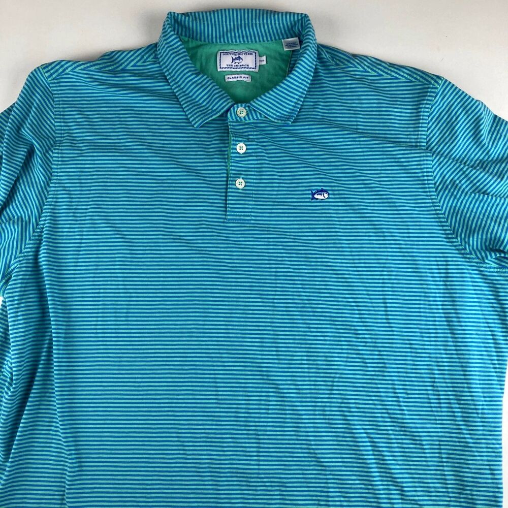 Southern Tide Skipjack Polo Shirt Mens XXL Blue Green Striped Pima